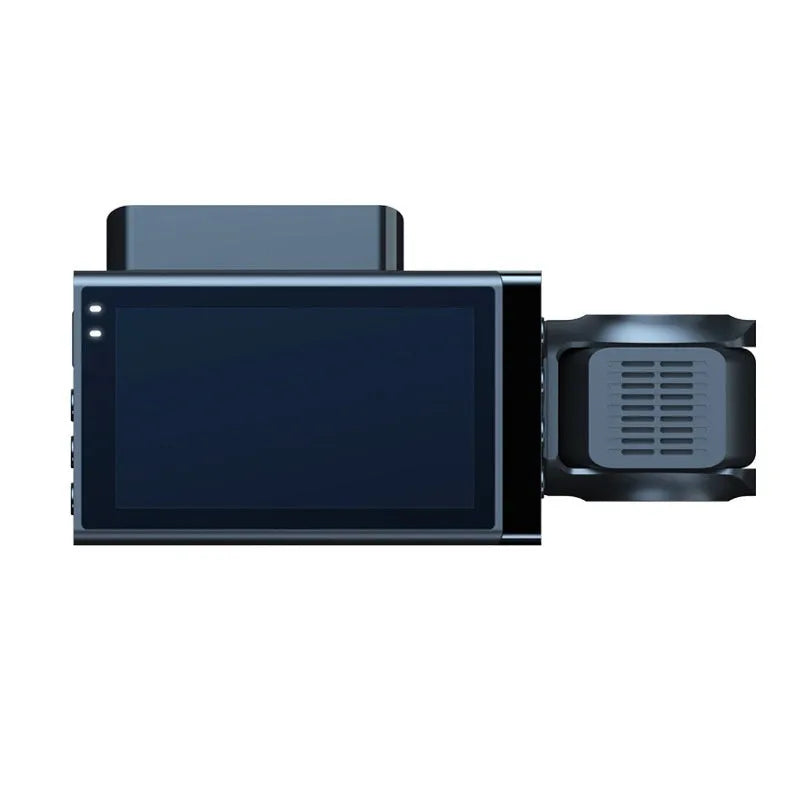 Black car dash cam with 5 inch screen mounted on a bracket, showing front and rear camera lenses.