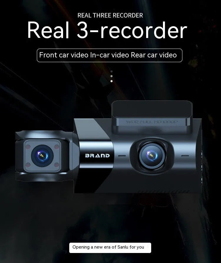 Black car dash cam with 5 inch screen mounted on a bracket, showing front and rear camera lenses.