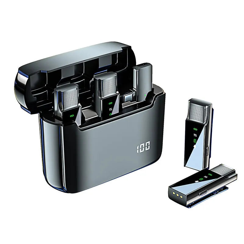Wireless collar clip microphone set with charging bin, two transmitters, one receiver, black or yellow options, Type-C lighting universal interface.