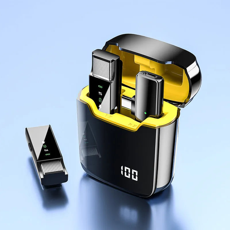 Wireless collar clip microphone set with charging bin, two transmitters, one receiver, black or yellow options, Type-C lighting universal interface.