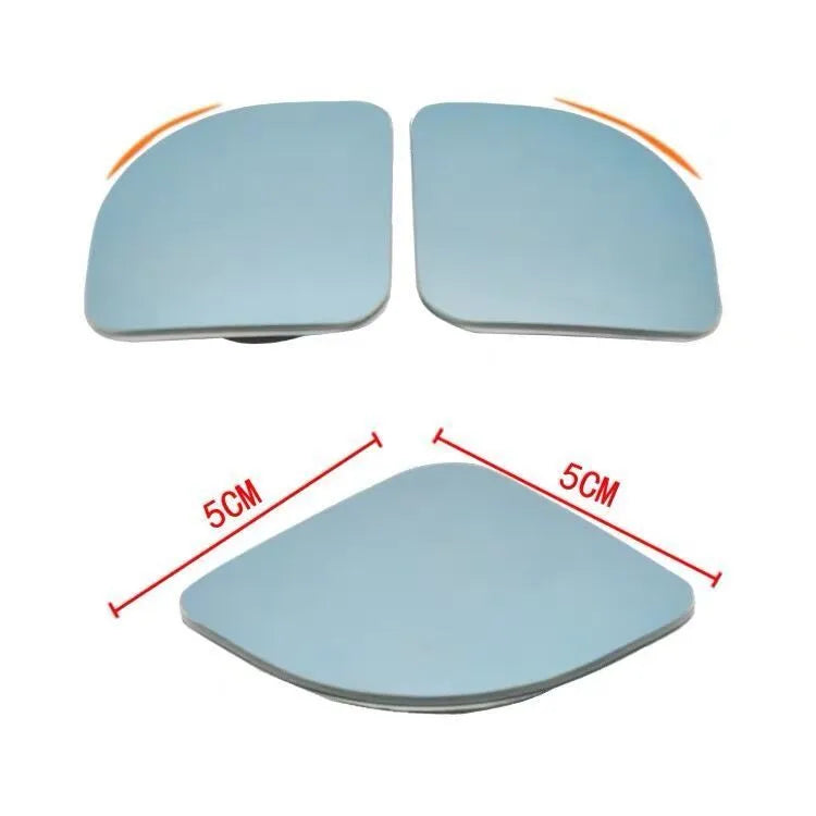 Pair of small circular fan-shaped white blind spot mirrors with 360-degree adjustable mount for cars