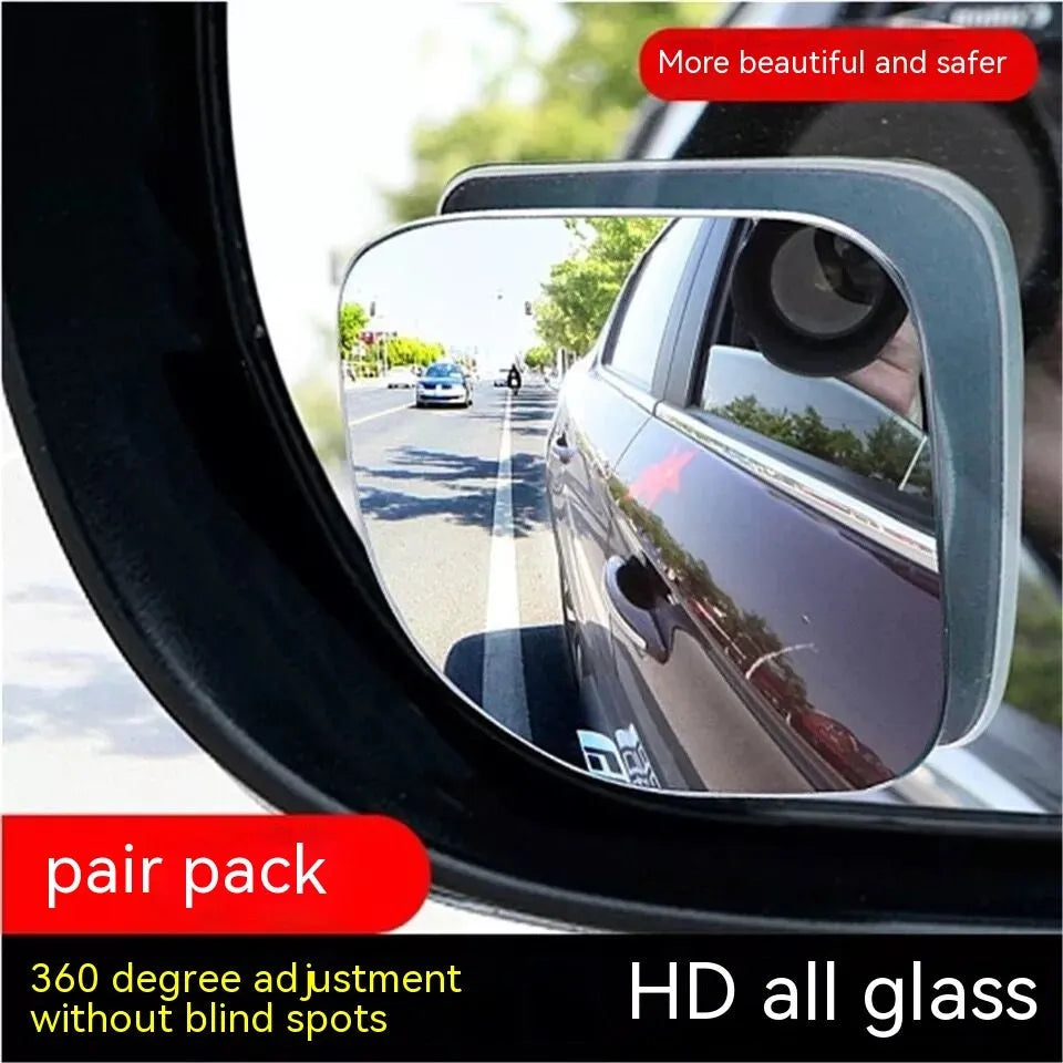 Pair of small circular fan-shaped white blind spot mirrors with 360-degree adjustable mount for cars