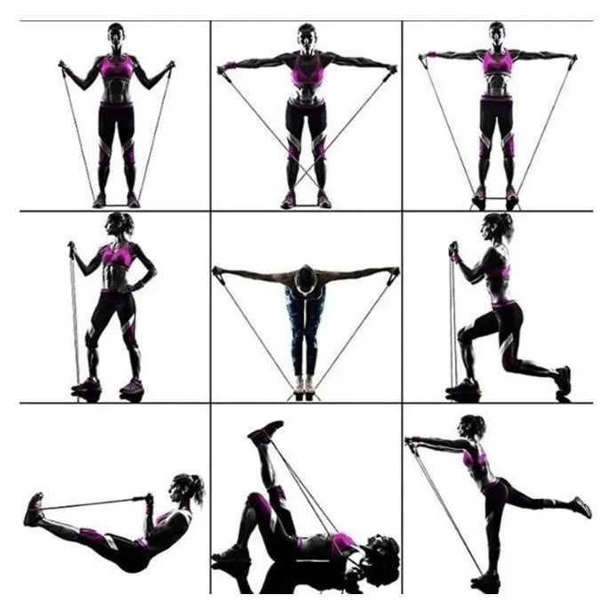 Latex resistance band set with colour-coded pull ropes, handles, foot rings, door buckle, storage bag