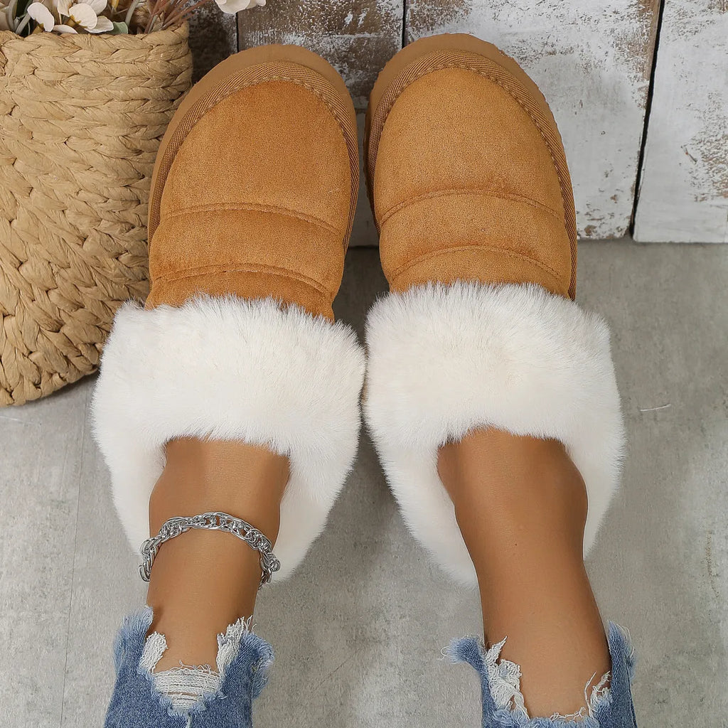 Women's winter plush slippers in solid colour, thick cotton sole with chunky heel, rubber outsole