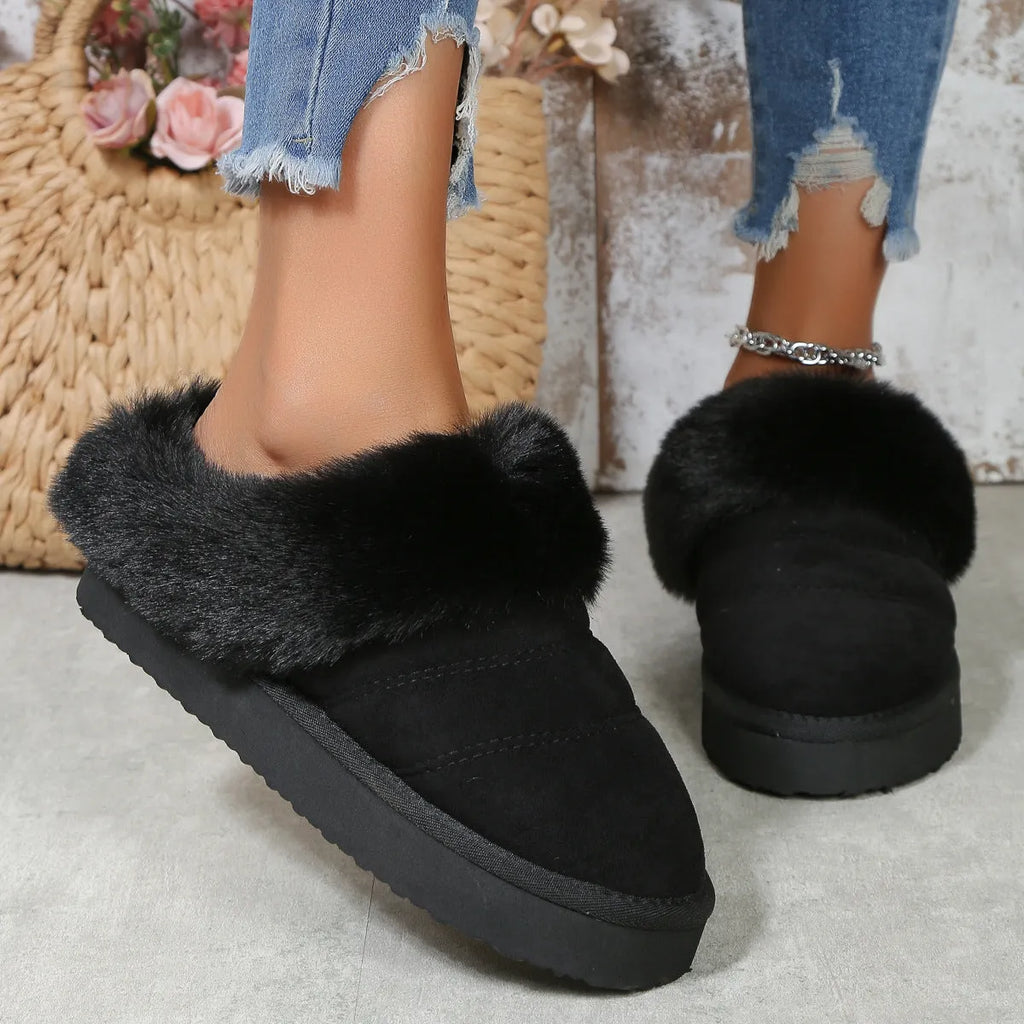 Women's winter plush slippers in solid colour, thick cotton sole with chunky heel, rubber outsole