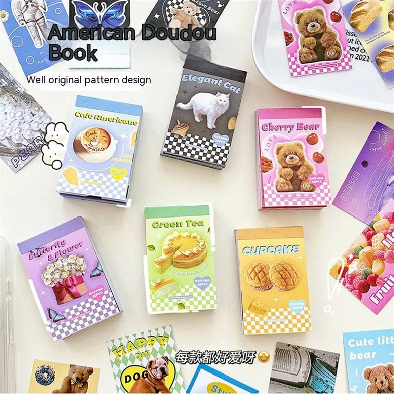 American retro cartoon mini sticker book with 50 sheets measuring 4x6cm in six colour options