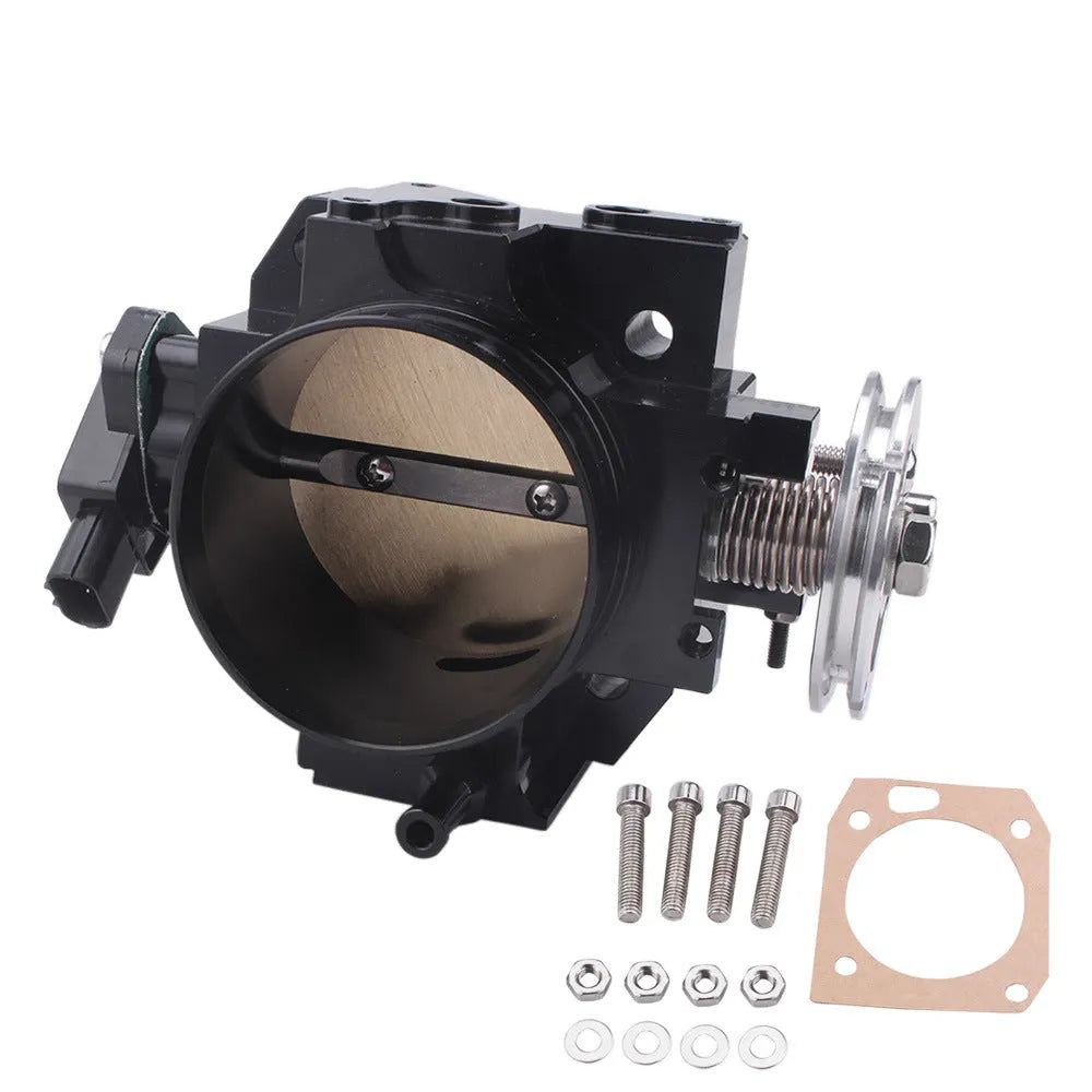 Aluminium throttle gate valve body for Honda K20A engine modification, 70mm diameter in black finish