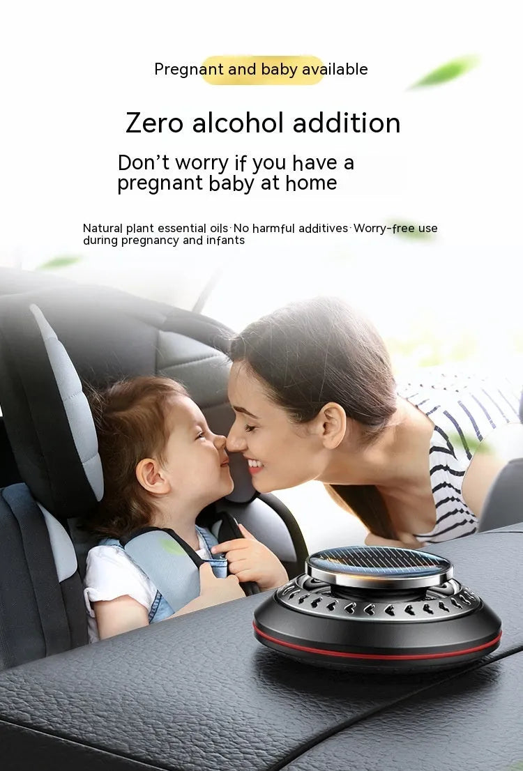Solar-powered aluminium car air purifier and essential oil diffuser unit on a car dashboard