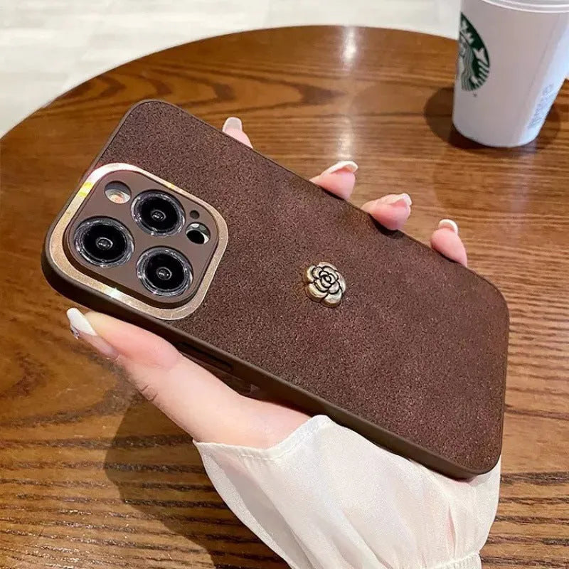 Brown camellia PC silicone phone case for iPhone with frosted finish