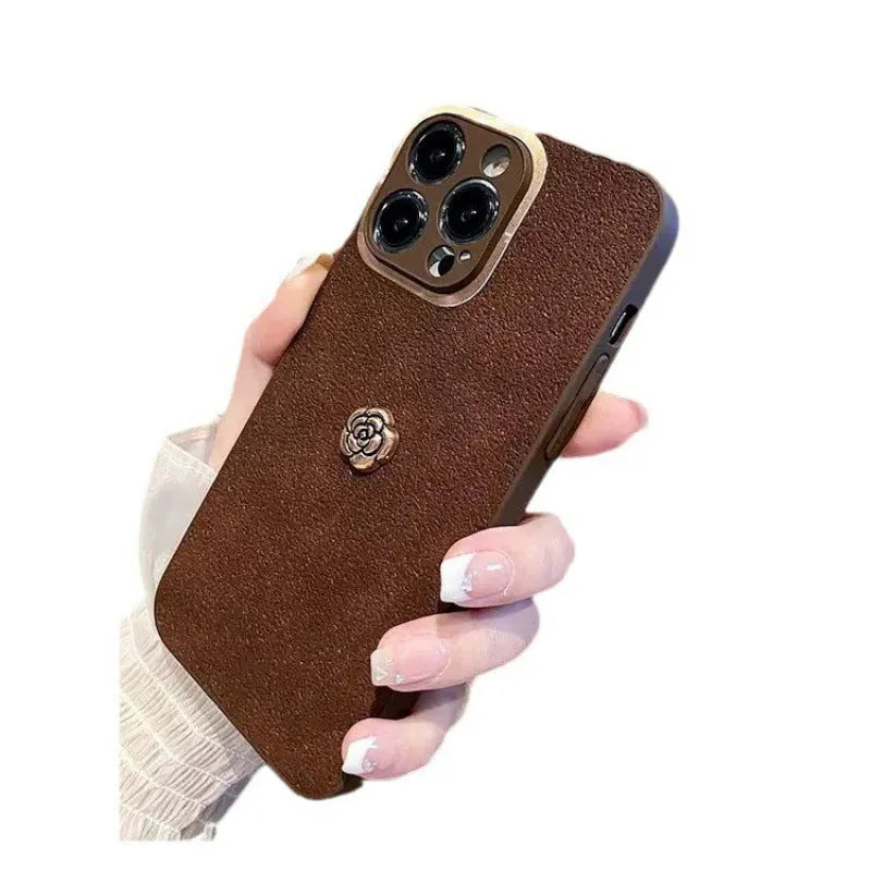 Brown camellia PC silicone phone case for iPhone with frosted finish