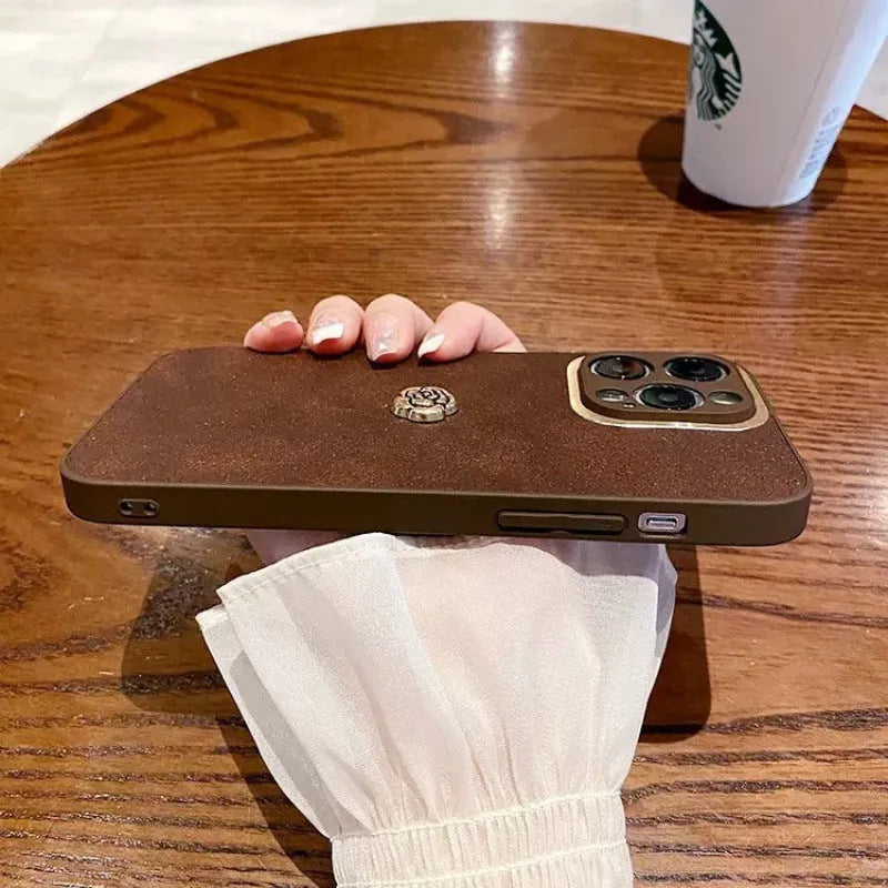 Brown camellia PC silicone phone case for iPhone with frosted finish