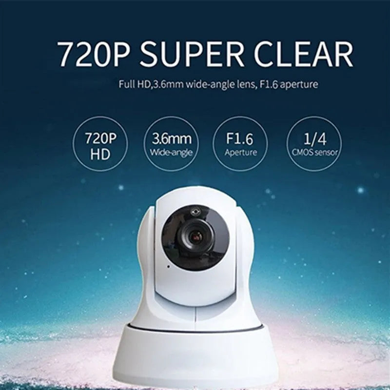 White 720P wireless network camera with Wi-Fi, pan tilt, 3.6mm lens and 10m night vision