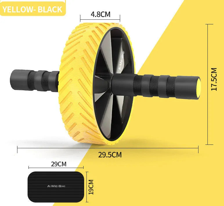 Exercise belly roller with black NBR wheel on a grey steel pipe frame on a carpet