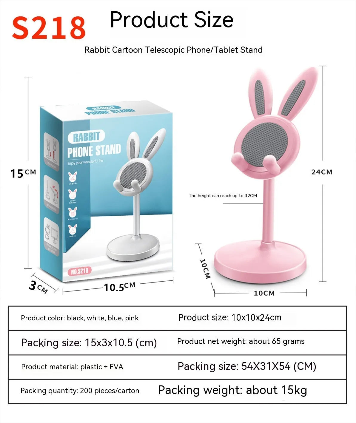 Cartoon bunny desktop phone tablet adjustable bracket in plastic, white colour, tilted view