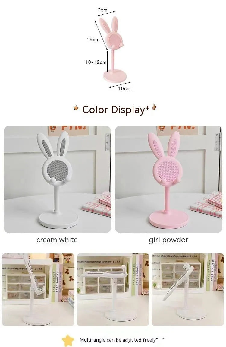 Cartoon bunny desktop phone tablet adjustable bracket in plastic, white colour, tilted view
