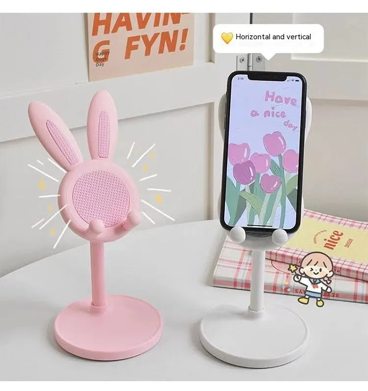 Cartoon bunny desktop phone tablet adjustable bracket in plastic, white colour, tilted view