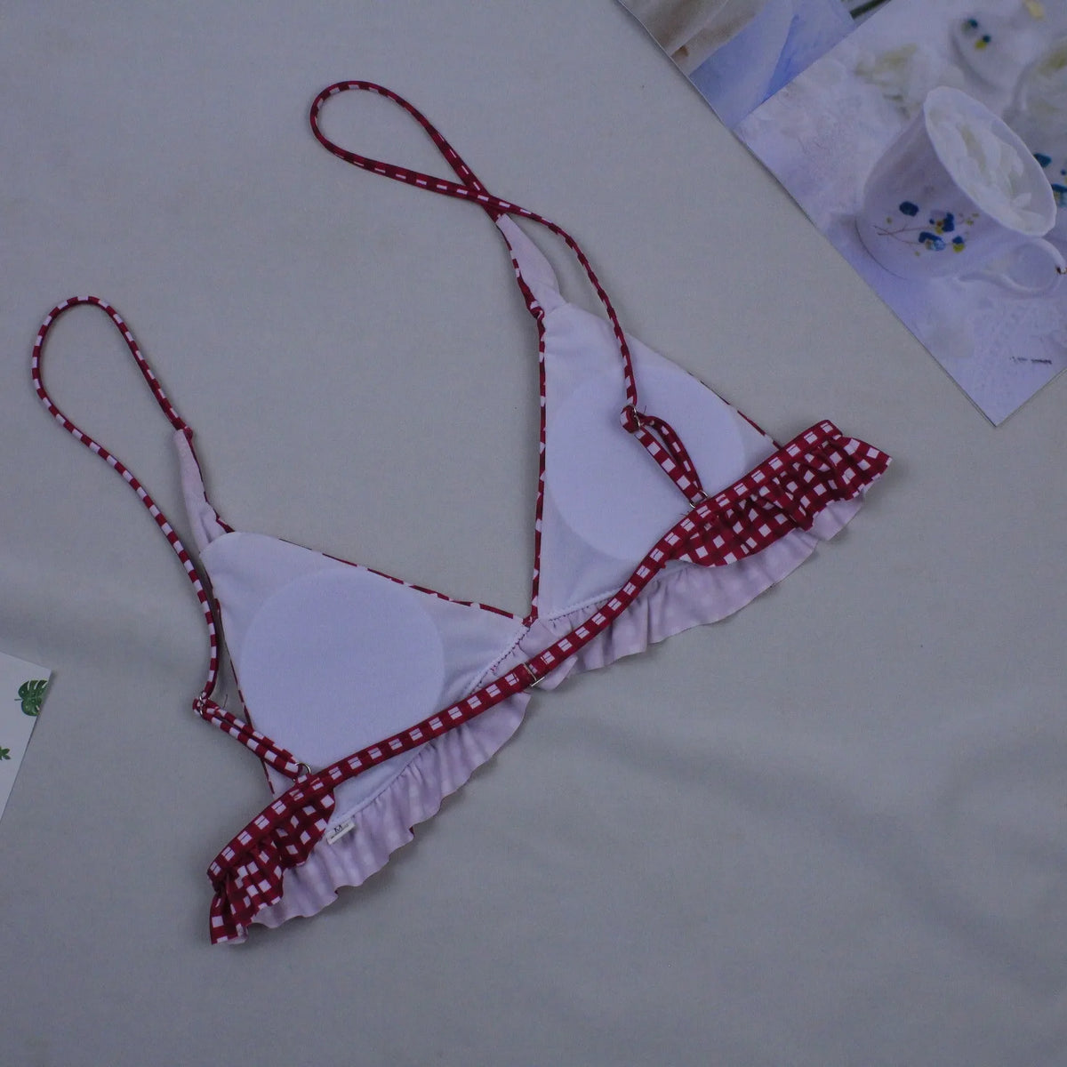 Women's plaid bikini swimwear in red or black with chest pad, lattice pattern, sizes S to XL