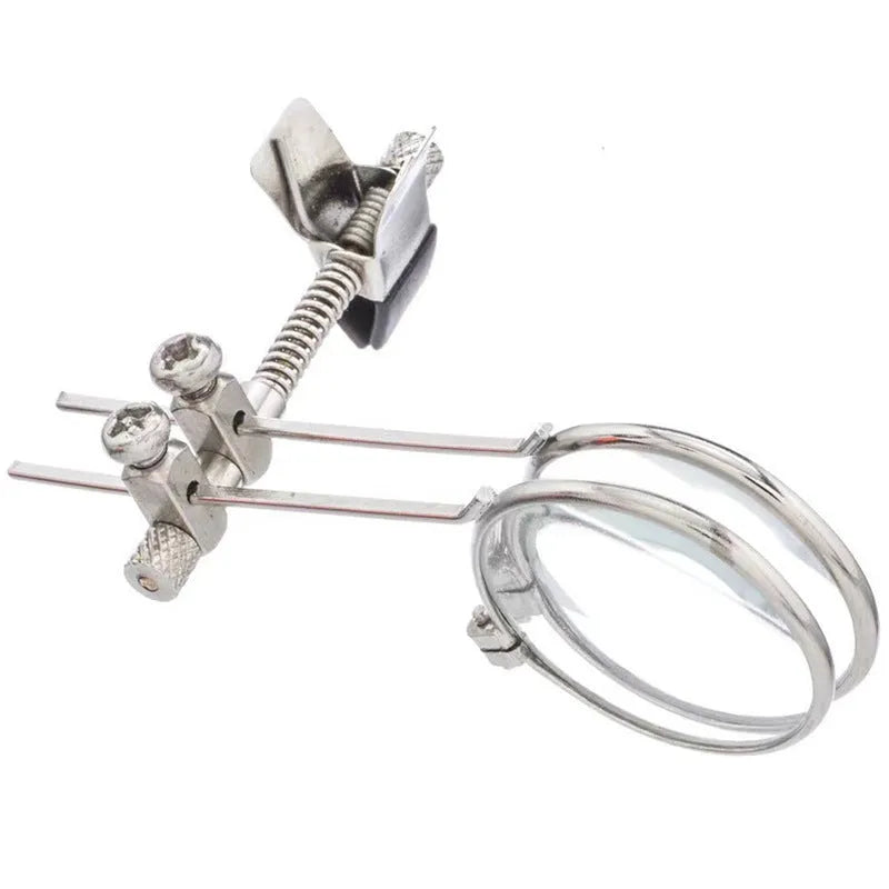 Metal frame auxiliary reading glasses with a double clip design for attaching over existing eyewear.
