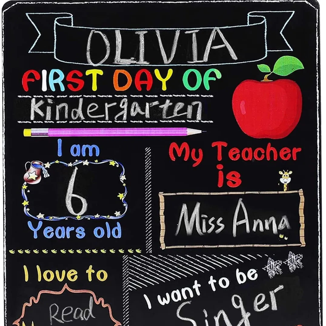 Black wooden First Day of School blackboard sign measuring 255mm by 300mm