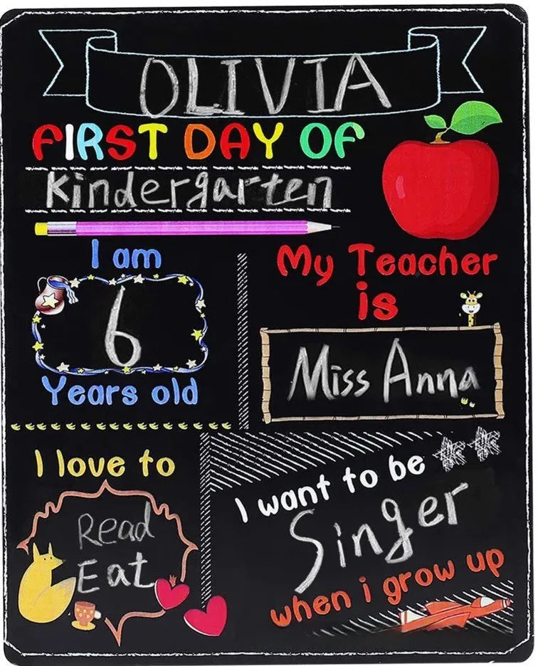Black wooden First Day of School blackboard sign measuring 255mm by 300mm