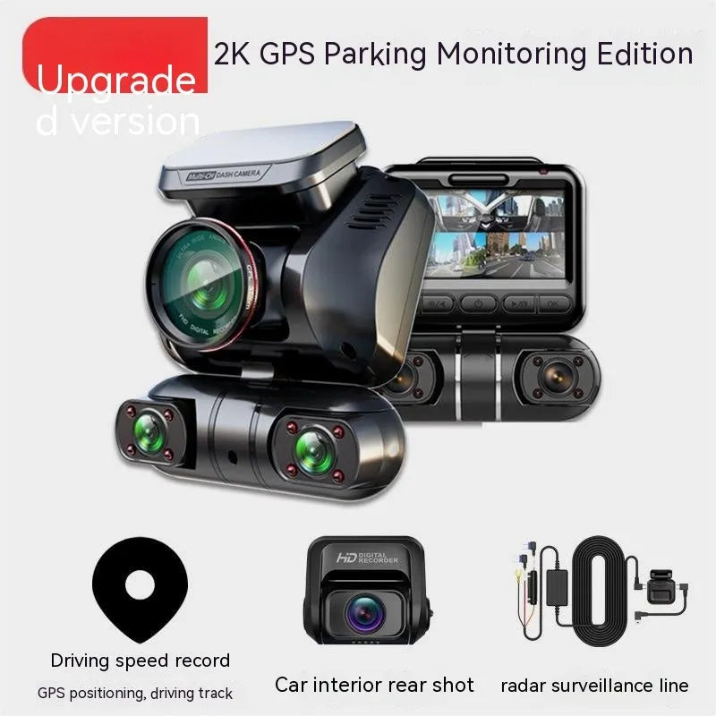 Panoramic four-lens car dashboard camera with 2-inch screen mounted in vehicle