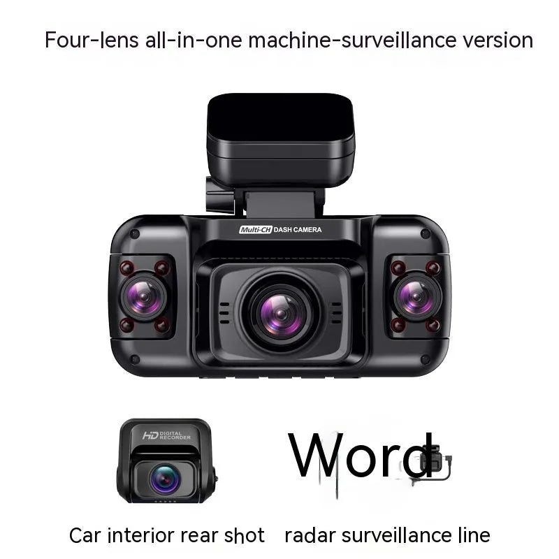 Panoramic four-lens car dashboard camera with 2-inch screen mounted in vehicle