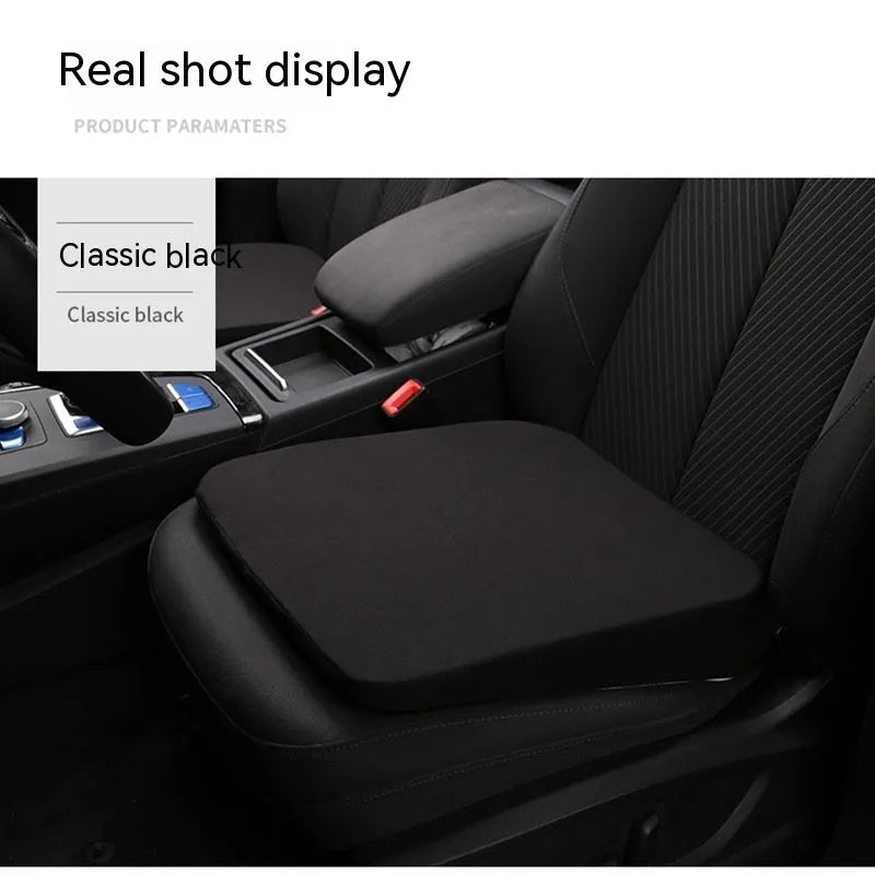 Black thick memory foam car seat cushion on a driver's seat