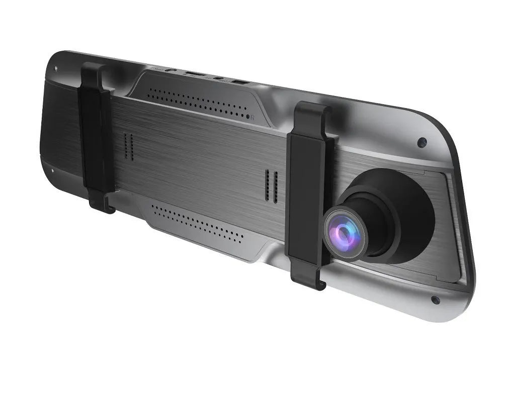 Black rearview mirror style driving recorder with large touch screen display mounted in a car
