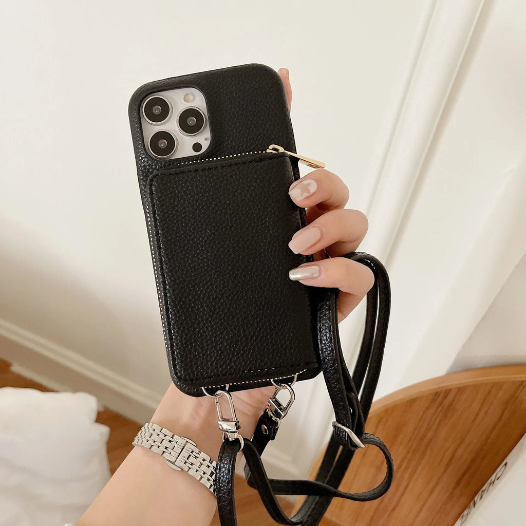 Lychee pattern leather phone case with zipper card holder and lanyard in black colour for iPhone