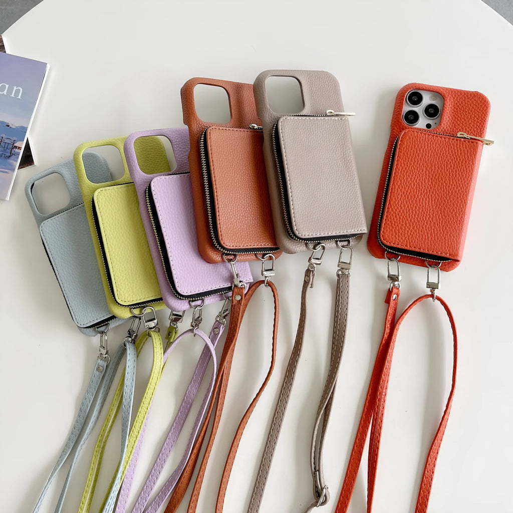Lychee pattern leather phone case with zipper card holder and lanyard in black colour for iPhone