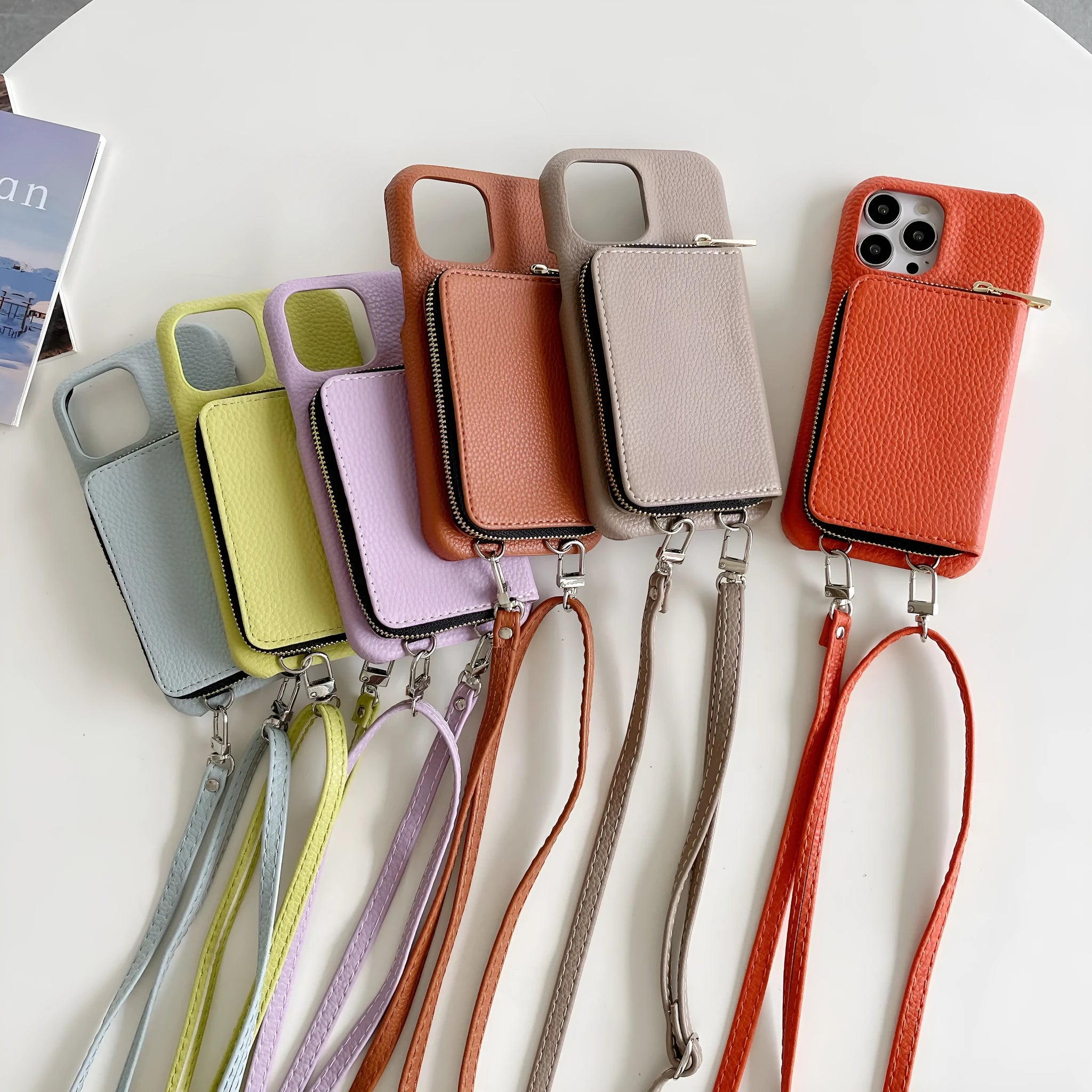 Lychee pattern leather phone case with zipper card holder and lanyard in black colour for iPhone