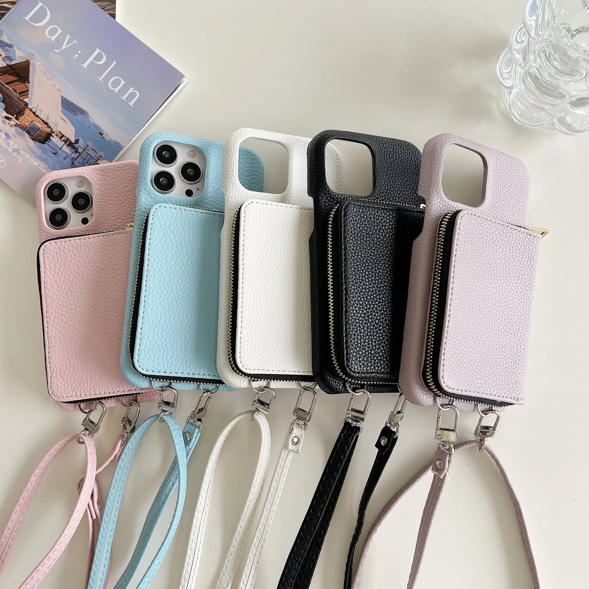 Lychee pattern leather phone case with zipper card holder and lanyard in black colour for iPhone