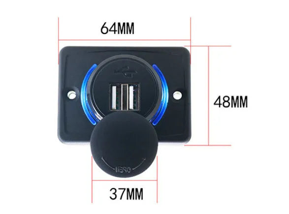 Black 12V dual USB car charger for vehicle installation with mounting screws