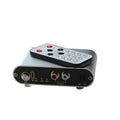 Silver aluminium alloy audio source selector switch unit with front-panel buttons and infrared remote.