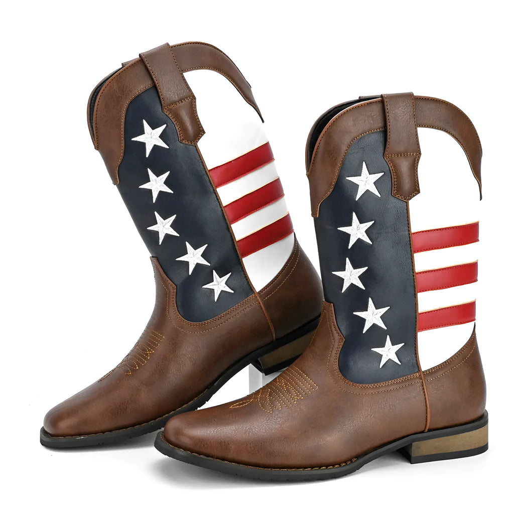 Men's black five-pointed star suit Western cowboy boots with round toe and square low heel.