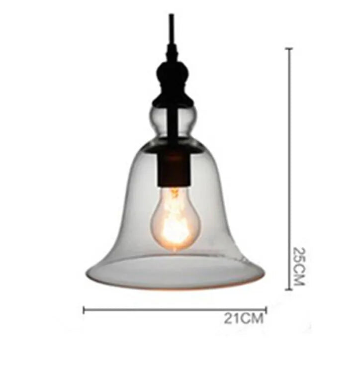 Bell glass pendant light 21cm diameter 25cm height E27 fitting transparent or amber