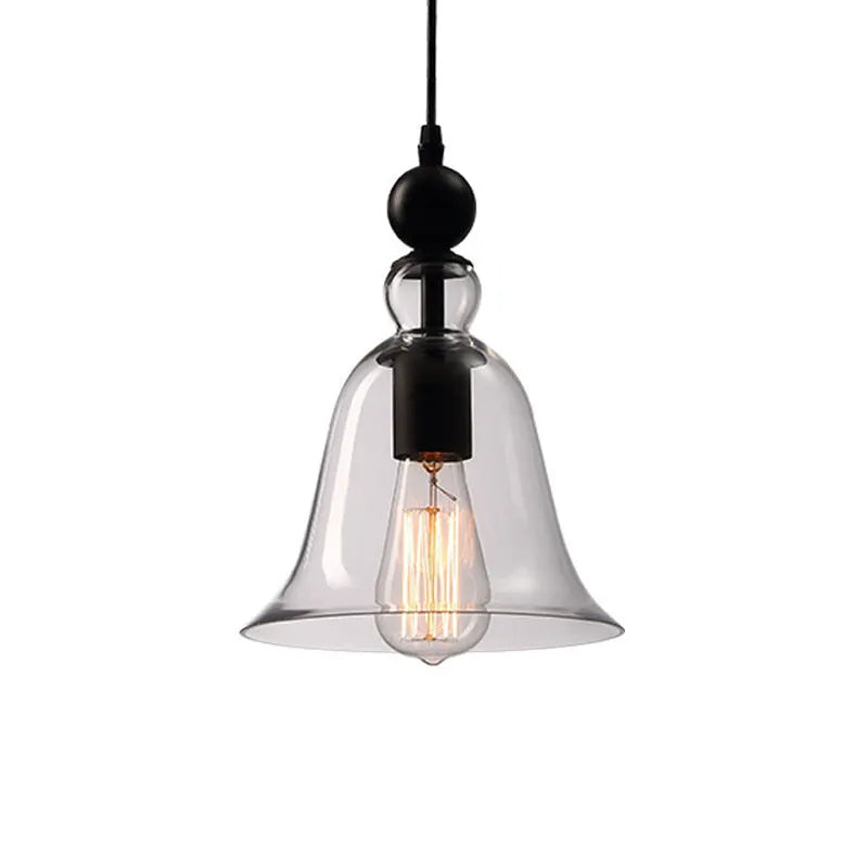 Bell glass pendant light 21cm diameter 25cm height E27 fitting transparent or amber