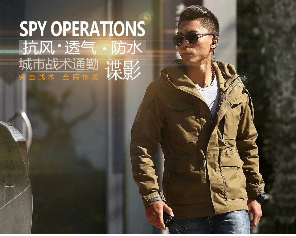 M65 UK US army style hooded field jacket in cotton blend, black camouflage or khaki, sizes S to XXL