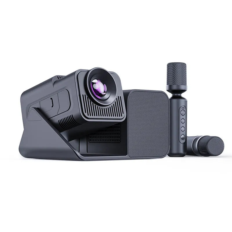 Three-in-one karaoke singing projector with microphone in black finish with 720p resolution