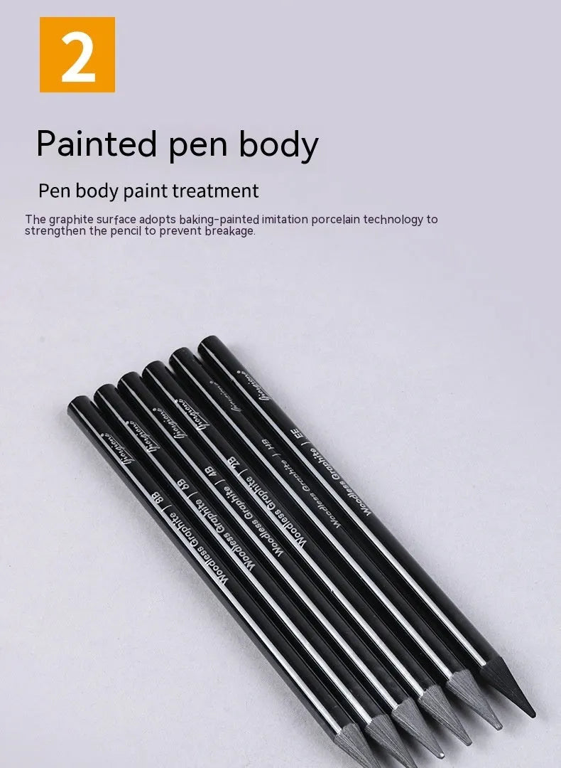 Set of six graphite and three carbonised drawing pencils with wooden shells on suction card packaging.