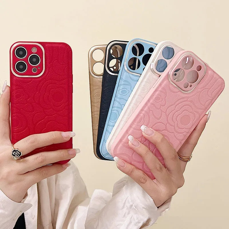 Camellia leather pattern drop-resistant phone case for iPhone with soft edge hard back design in Antique White