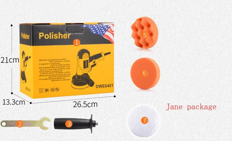 Yellow automotive polishing machine with 125mm disc for car, metal, wood and ceramic surfaces