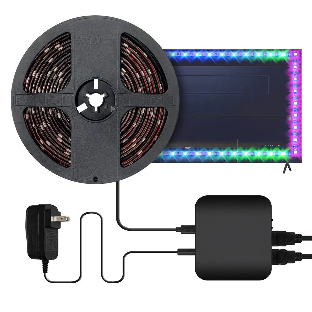Smart LED light strip kit for TV backlighting with app control and waterproof plastic housing.