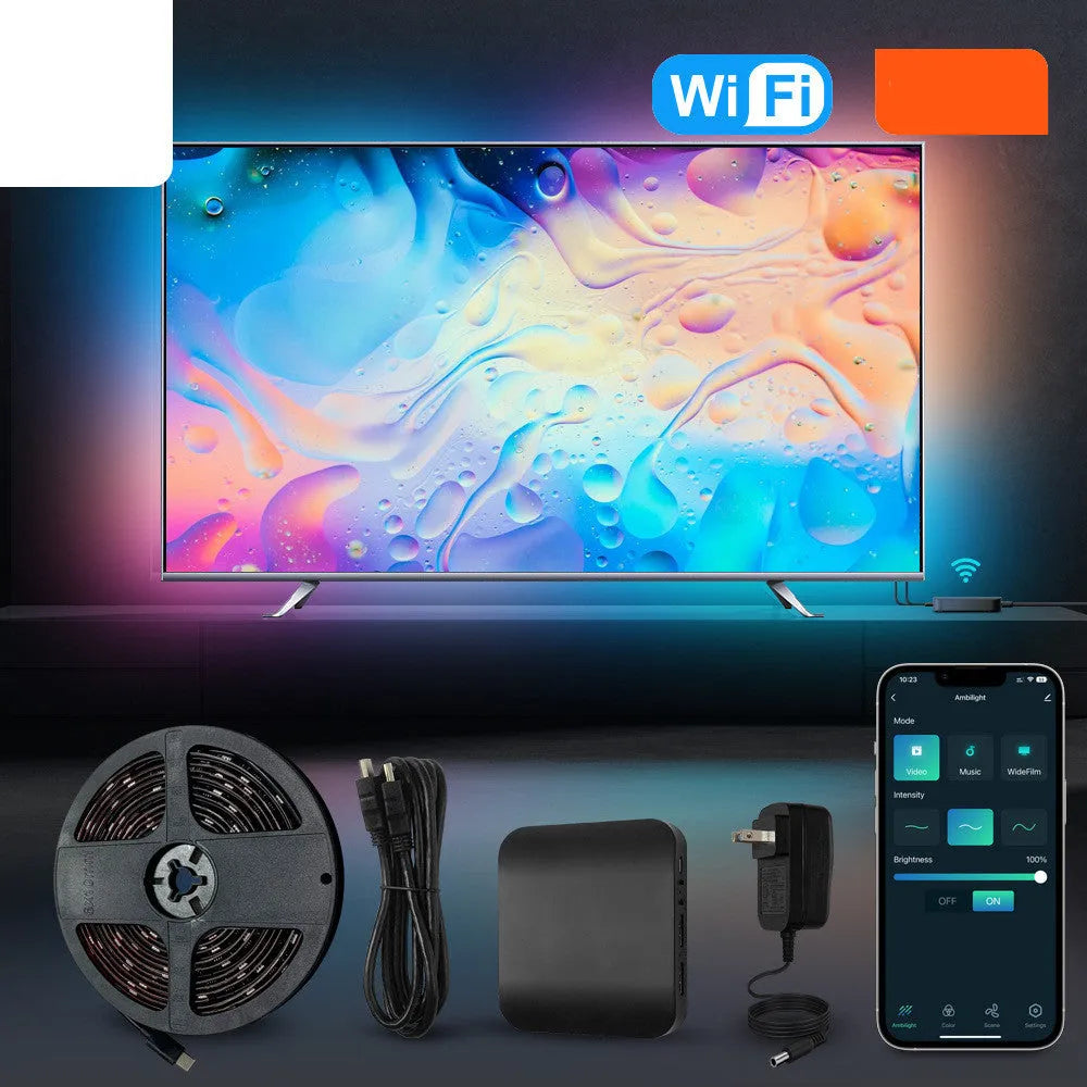 Smart LED light strip kit for TV backlighting with app control and waterproof plastic housing.