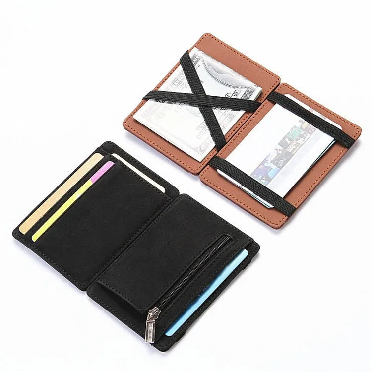 Solid colour PU magic wallet open, showing flip card holder and zippered coin purse in light grey.