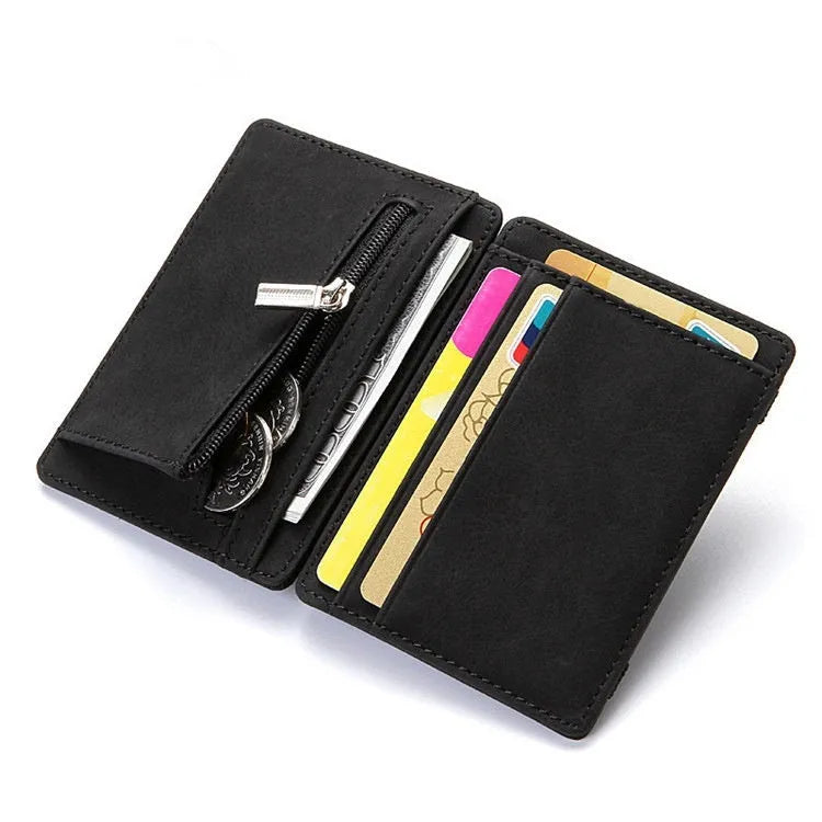 Solid colour PU magic wallet open, showing flip card holder and zippered coin purse in light grey.