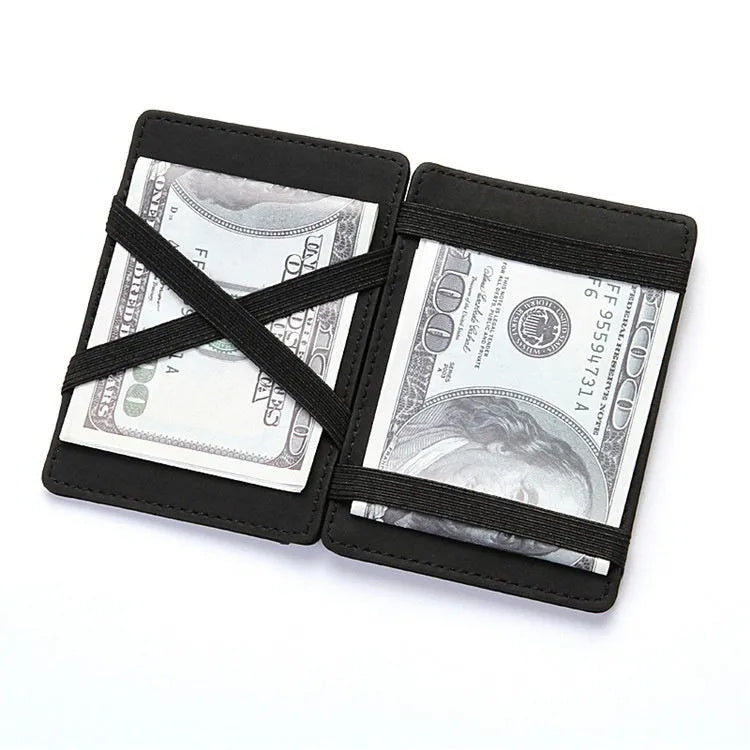 Solid colour PU magic wallet open, showing flip card holder and zippered coin purse in light grey.