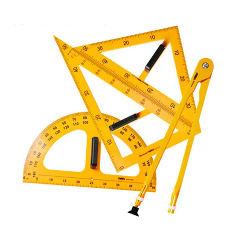 Orange and black plastic mathematics teaching set with triangle rulers, protractor and chalk compass