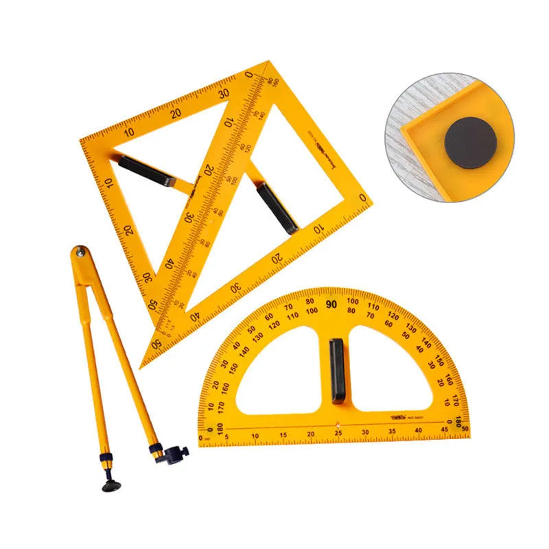 Orange and black plastic mathematics teaching set with triangle rulers, protractor and chalk compass