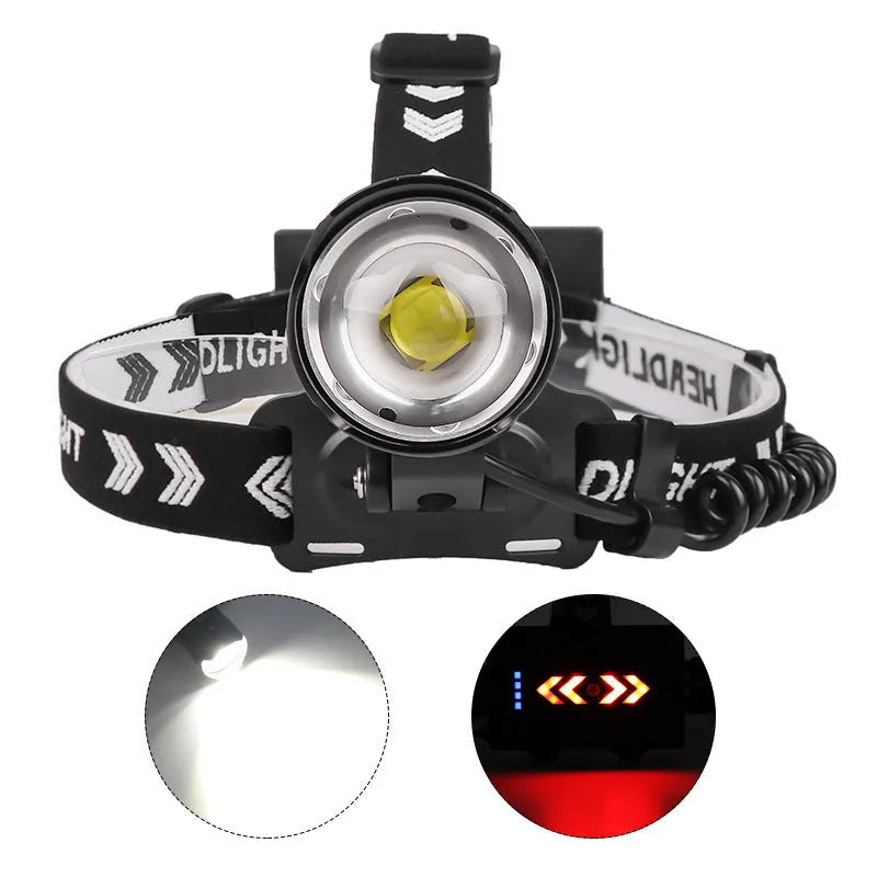 Black USB rechargeable headlamp torch with telescopic zoom lens and adjustable headband